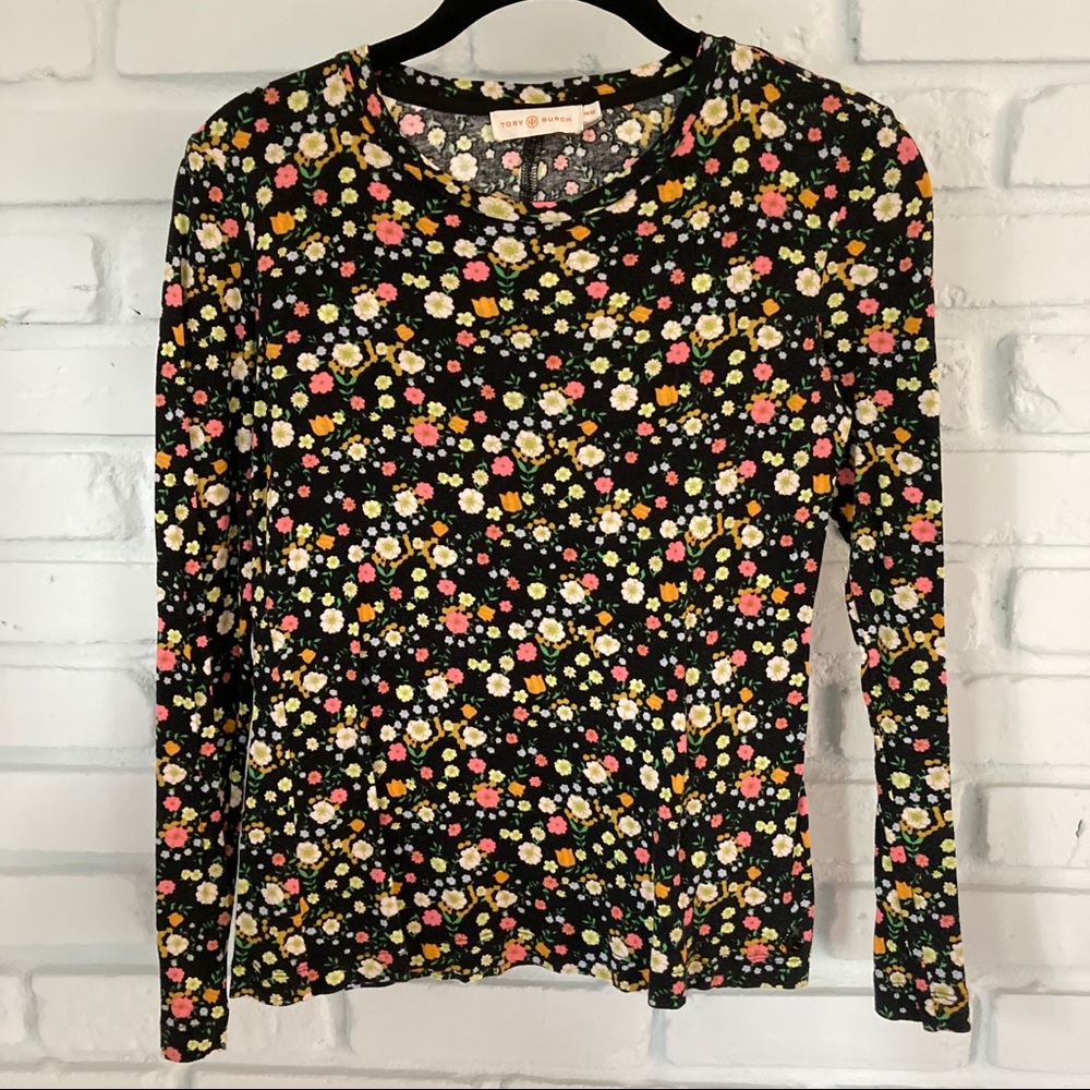 Tory Burch Black Floral Long Sleeve Cotton T-Shirt